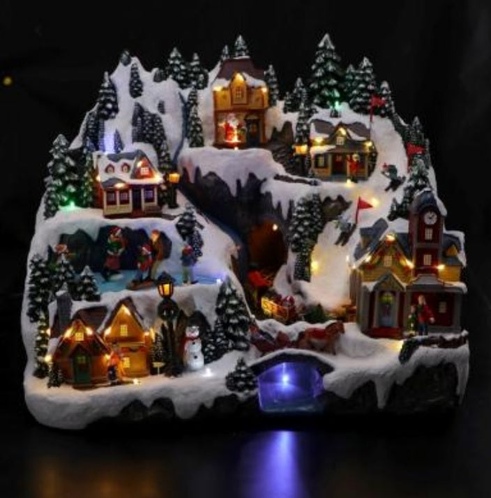 Villaggio di Natale con neve paesaggio innevato da interno con 44 LED, movimento e musica