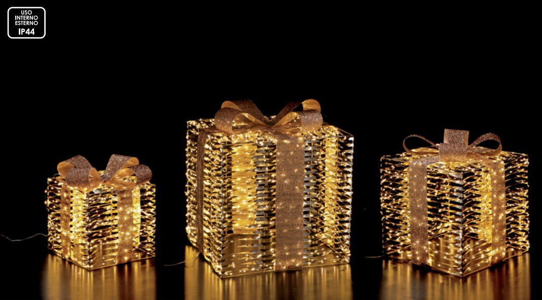 Pacchi dono in ferro e PE oro con 400/720/960 LED da interno/esterno bianco - luce calda