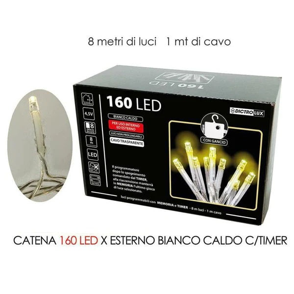 Chaîne de 160 lumières LED à piles - câble transparent - pour intérieur et extérieur - lumière blanc chaud