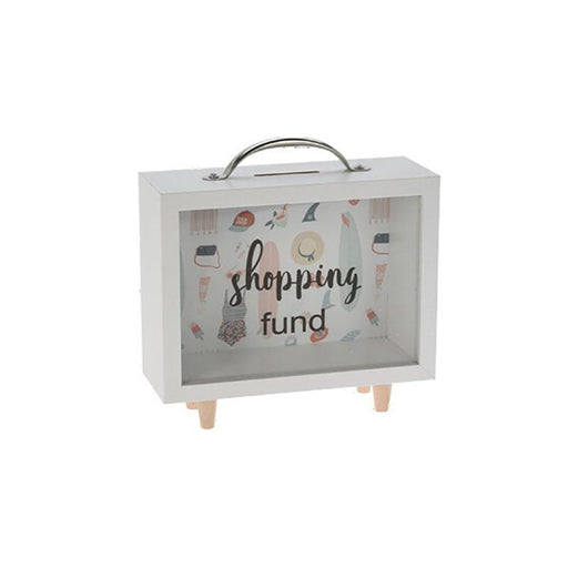 Koopman Shopping fund Salvadanaio a valigetta in legno bianco trasparente e scritta in inglese, quattro modelli cm.19x19h (3819201)