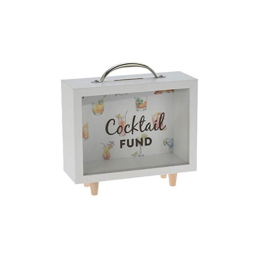 Koopman Cocktail fund Salvadanaio a valigetta in legno bianco trasparente e scritta in inglese, quattro modelli cm.19x19h (3819202)