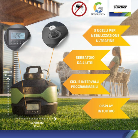 Nebulizzatore anti-zanzare Kit Geyser Essential - 4 L con tubi, spruzzatori, insetticida e disabituante