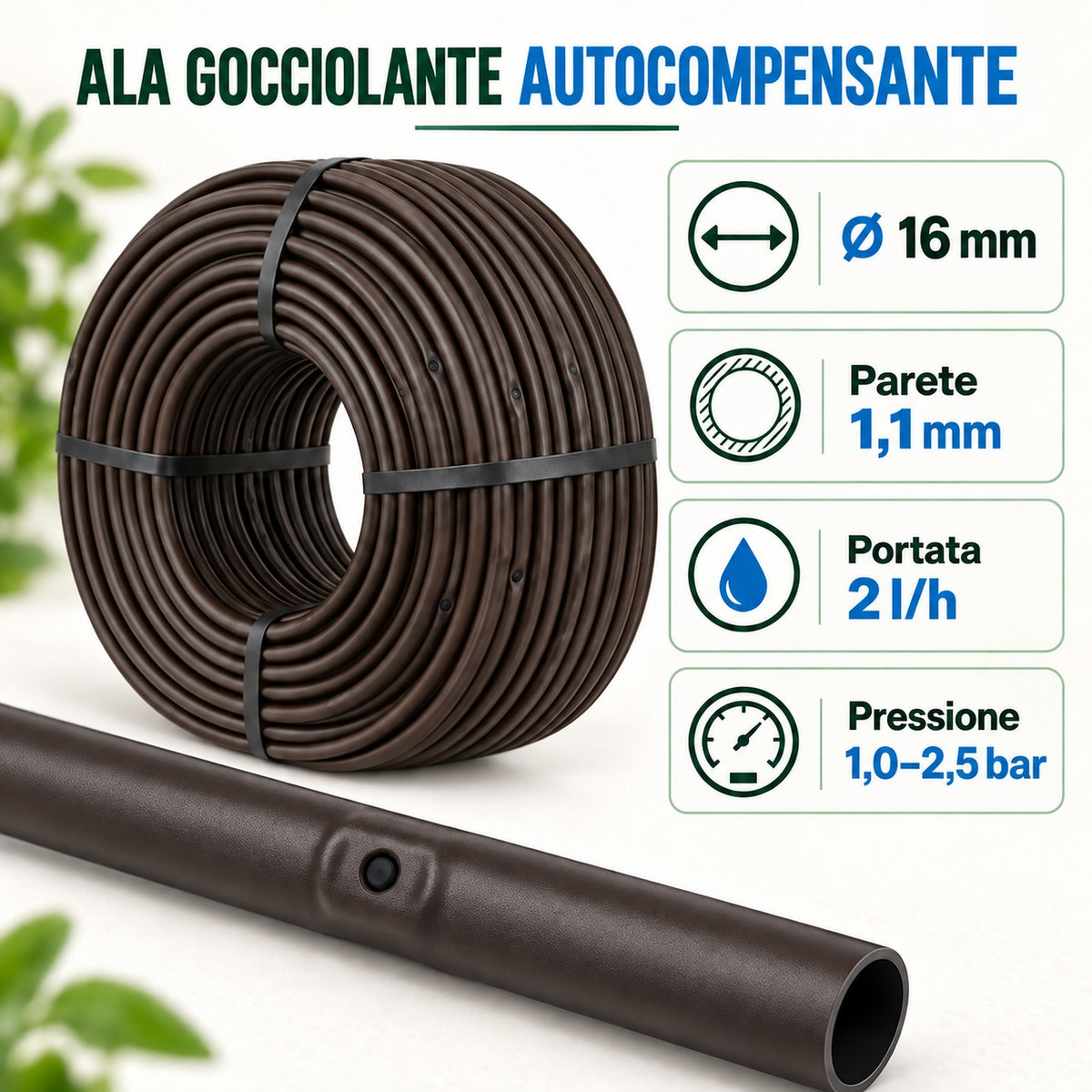 Ala gocciolante autocompensante 16 mm: parete 1,1 mm, portata 2 l/h, pressione 1,0-2,5 bar
