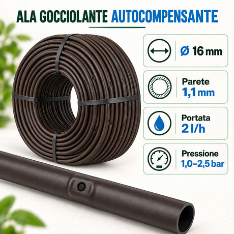 Ala gocciolante autocompensante 16 mm: parete 1,1 mm, portata 2 l/h, pressione 1,0-2,5 bar