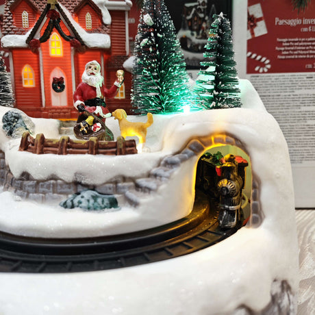 Paysage d'hiver avec train et maison - 6 lumières LED, mouvement et musique