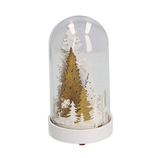 Campana di vetro decorativa con led e scena natalizia pino bianco e oro cm.9x16.5h Vacchetti