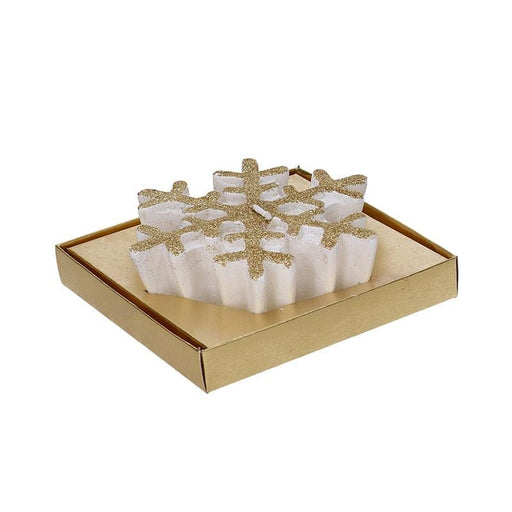 Candela natalizia decorativa a forma di fiocco di neve bianco e glitterato oro cm.13.1x13.1x5h Vacchetti