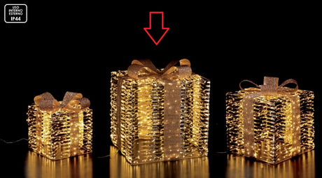 Pacchi dono in ferro e PE oro con 400/720/960 LED da interno/esterno bianco - luce calda