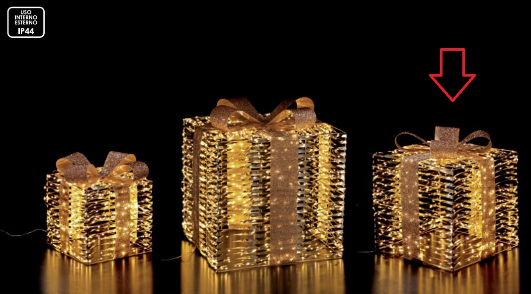 Pacchi dono in ferro e PE oro con 400/720/960 LED da interno/esterno bianco - luce calda