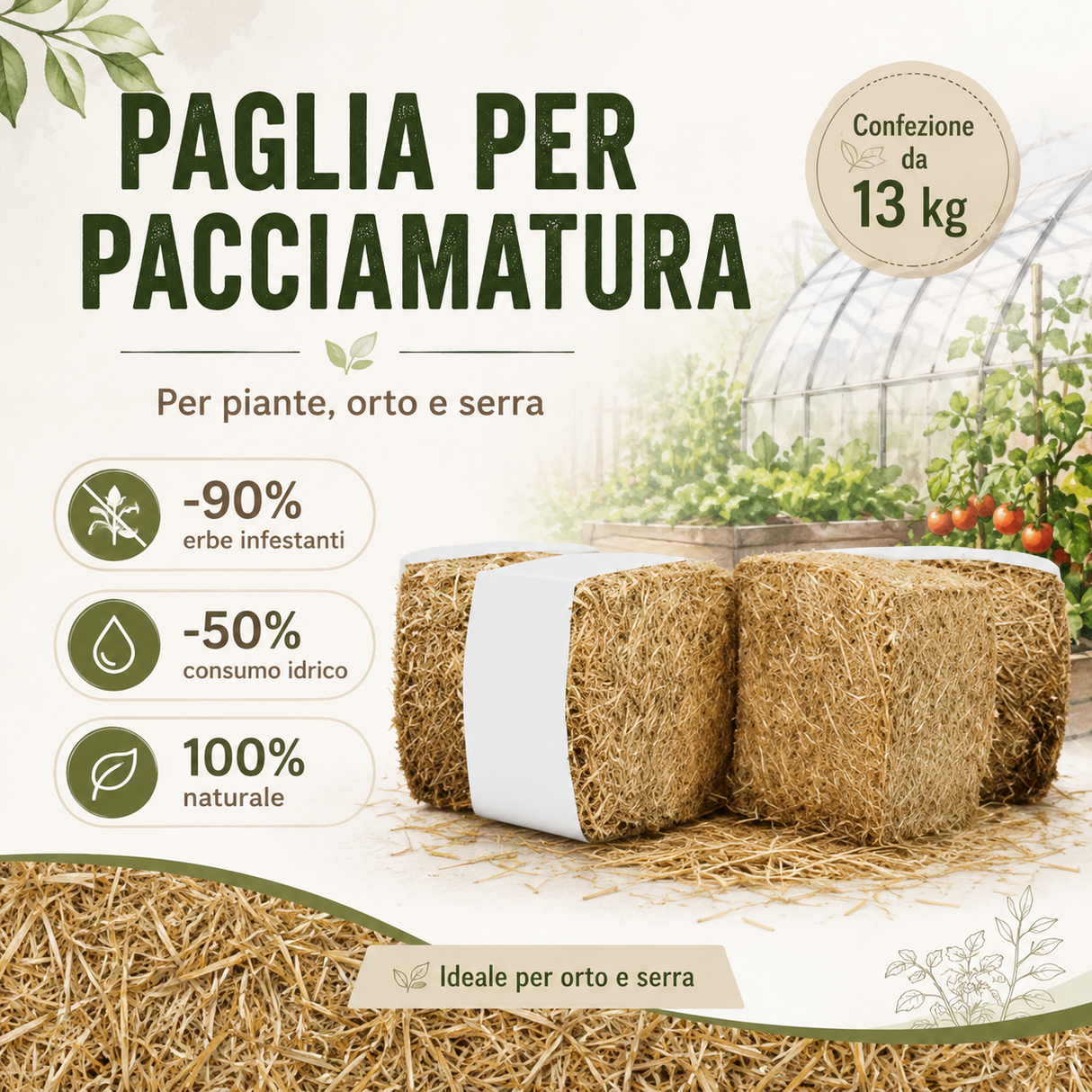 Paglia per pacciamatura piante orto e serra - 13 kg