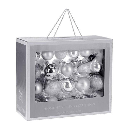 Set di 42 sfere natalizie in vetro argento lucide glitterate e opache Koopman
