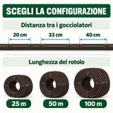 Tubo gocciolante 16 mm con passo 20, 33 e 40 cm in rotoli da 25, 50 e 100 metri