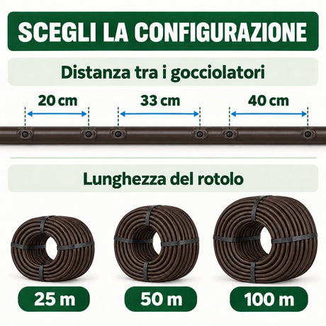 Tubo gocciolante 16 mm con passo 20, 33 e 40 cm in rotoli da 25, 50 e 100 metri