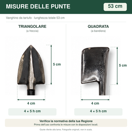 Vanghino da tartufo 53 cm: punte originali triangolare e quadrata, larghezza 4 cm e altezza 5 cm