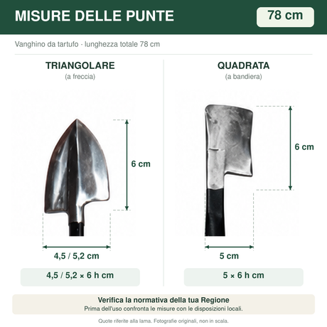 Vanghino da tartufo 78 cm: punte originali triangolare 4,5 / 5,2 x 6 h cm e quadrata 5 x 6 h cm
