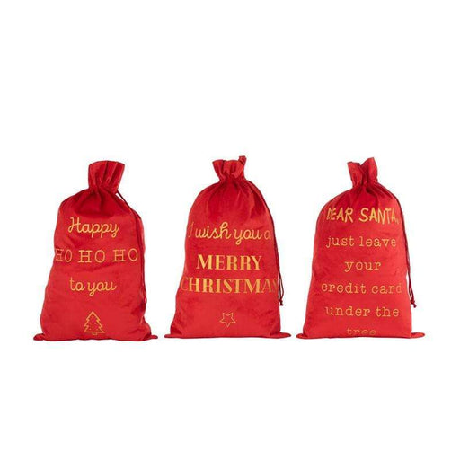 Sacco di natale in velluto rosso con scritta dorata natalizia, tre modelli cm.50x80h | OlimpiaHome. (3819191)