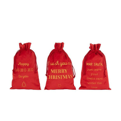 Sacco di natale in velluto rosso con scritta dorata natalizia, tre modelli cm.30x50h | OlimpiaHome. (3819194)