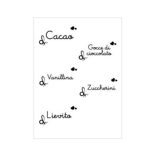 Set etichette adesive per dolci "cacao,gocce di cioccolato, vaniglina,zuccherini,lievito" | OlimpiaHome. (3819225)