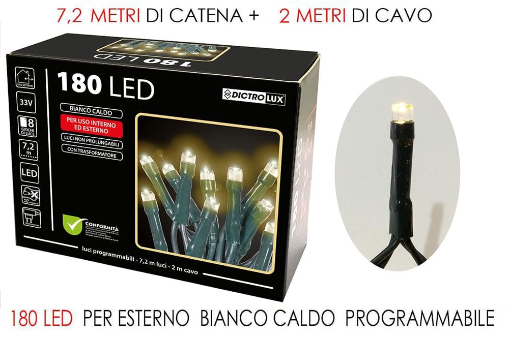 Catena 180 Luci Led cavo verde - Bianco Caldo - per uso interno ed esterno Dictro Lux