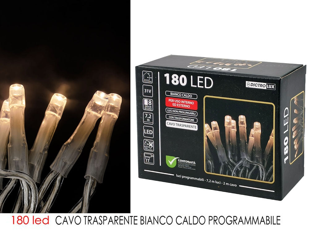 Catena 180 Led cavo trasparente Luce Calda da Interno ed Esterno - Dictro Lux